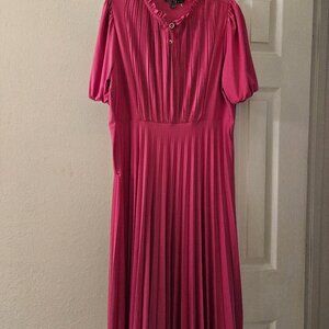 Sharagano boho Old Money Puff Sleeve Pleated Event pink Ruffle midi dress 12P